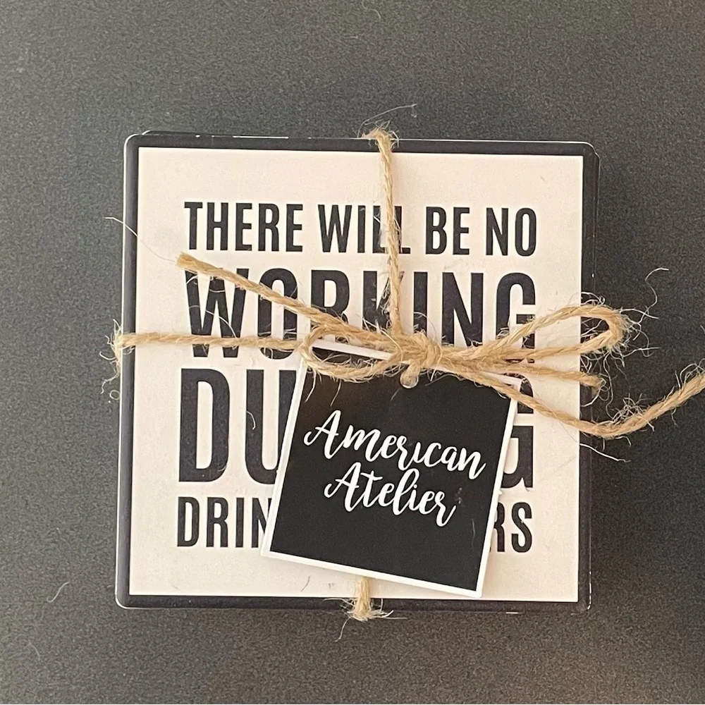 American Atelier Work Hour Happy Hour S/4 Ceramic Coasters NWT